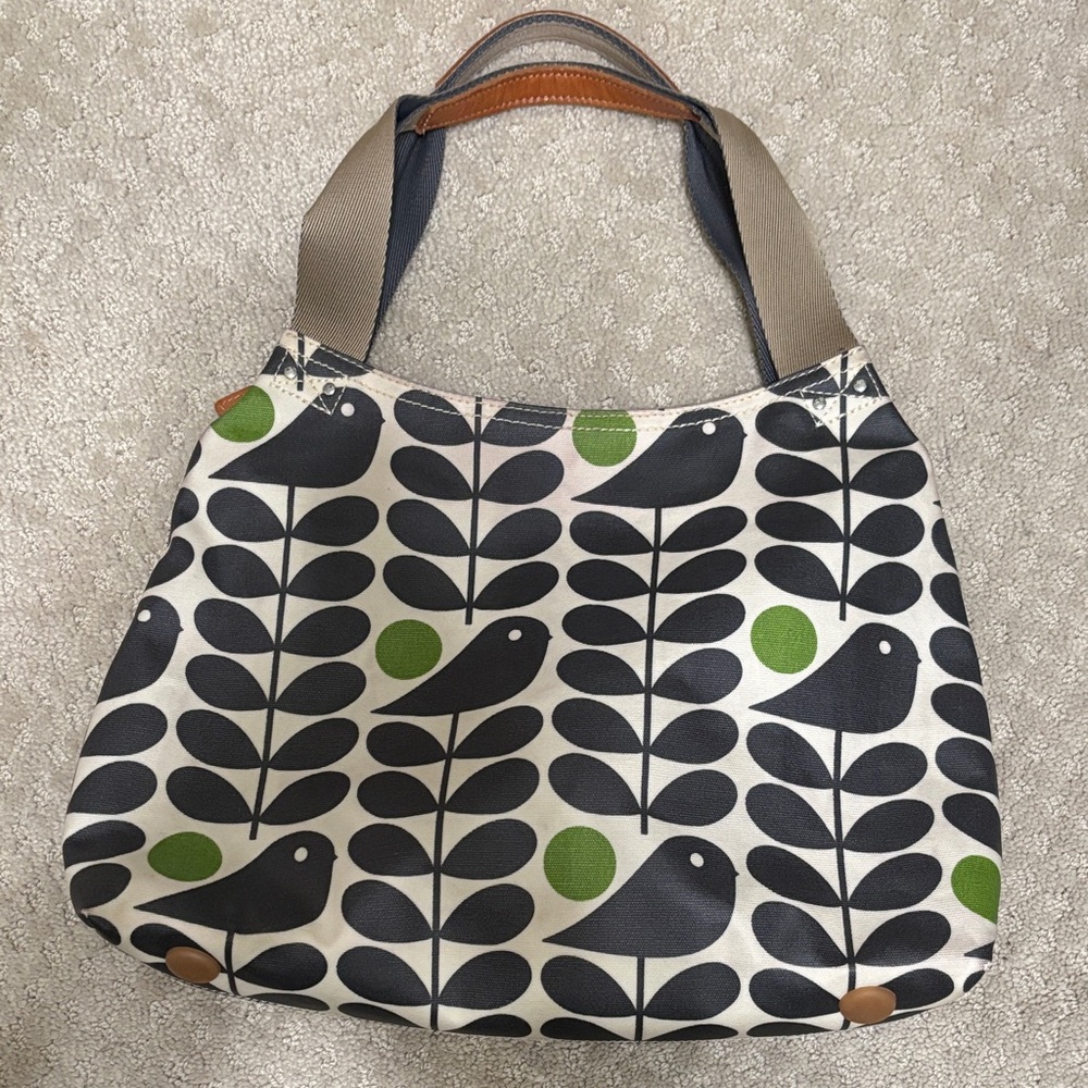 Orla Kiely Black & Green Bird Stem Pattern Shoulder Tote